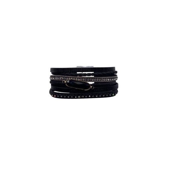 Kai Top Multilayer Black Leather Magnetic Bracelet With Rhinestone Accents & Cry - Picture 6 of 7